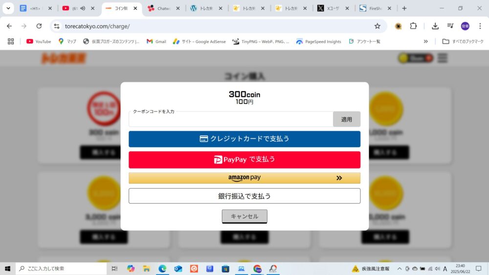クレジットカードなど支払い方法の選択